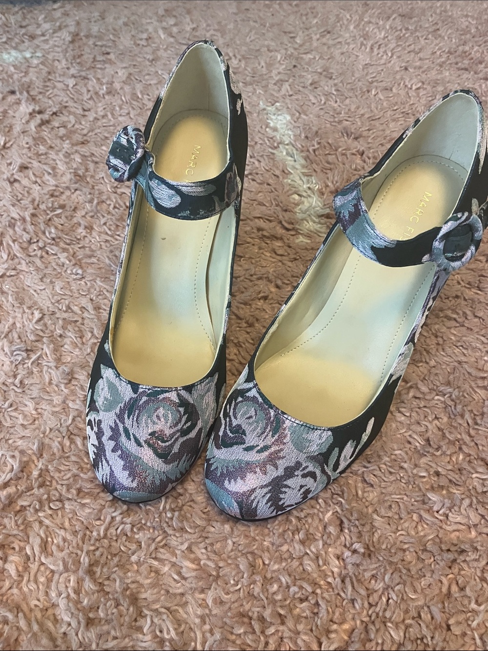 Marc Fisher dark green floral Mary Jane glitter heels with lavender accents